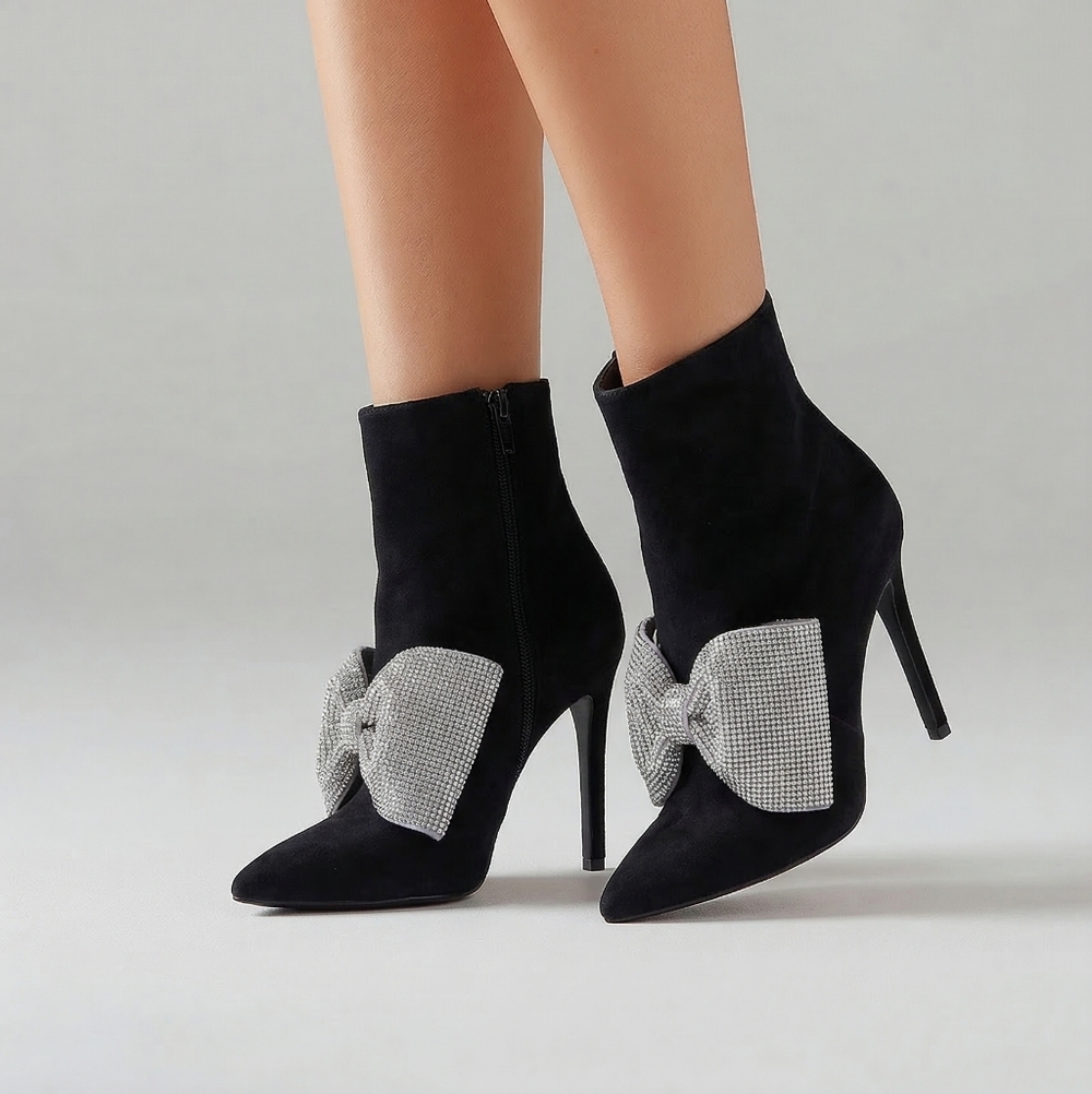 INC International Concepts Black Heeled Boots with Rhinestone Bow